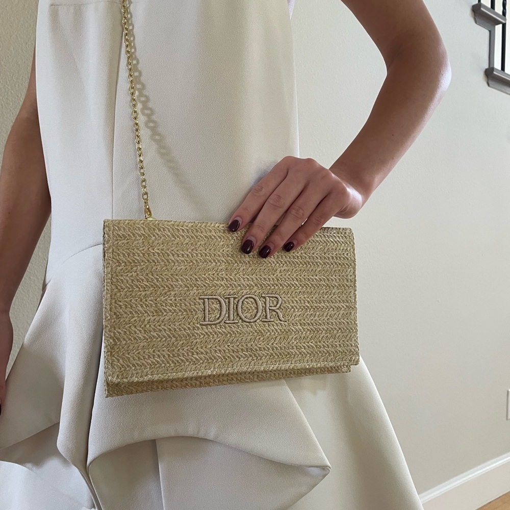 DIOR Tan Beige Woven Chain Bag raffia gold chain purse wristlet clutch LOGO - Picture 10 of 10